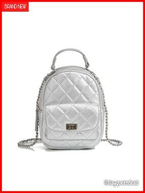 Silver Quilted Vegan Leather Mini Backpack, 3 Ways to Wear Chain Strap Handbag